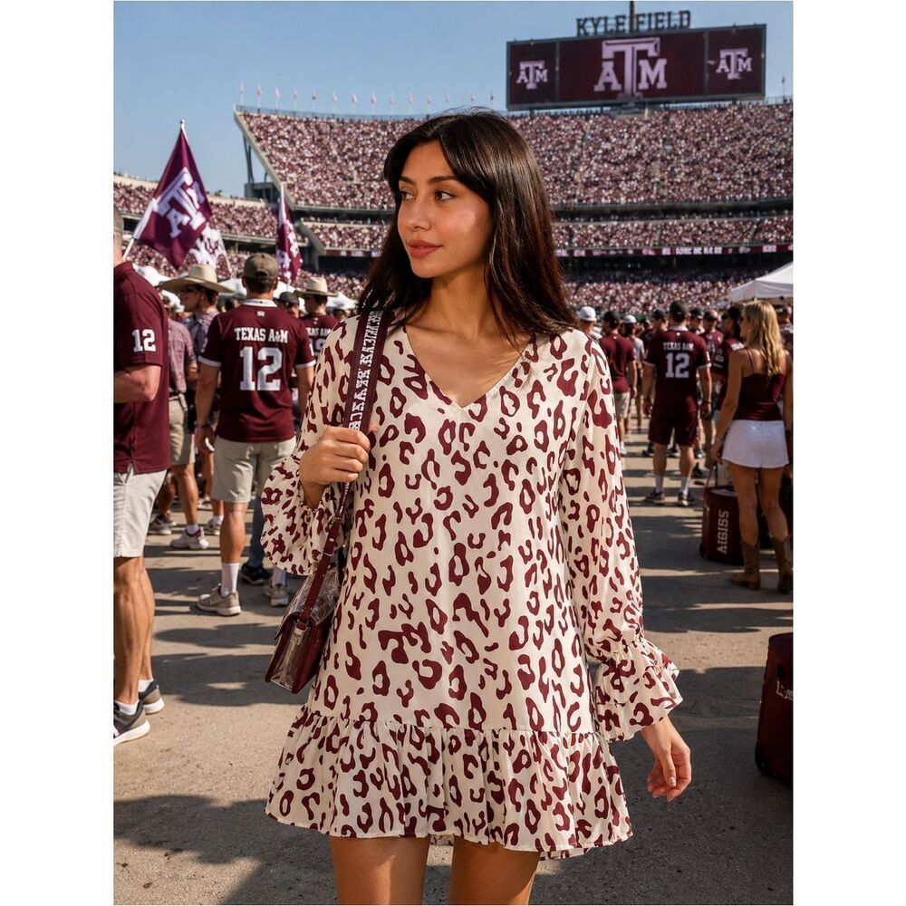 NWT Aggieland TYCHE Wine Maroon Creme Leopard Ruffle Cuff Mini Dress M Texas A&M